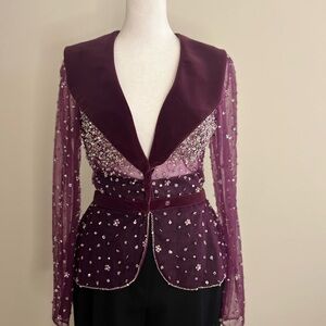 Hand-Beaded Rhinestone Velvet Evening Jacket -Plum/Burgundy Mesh